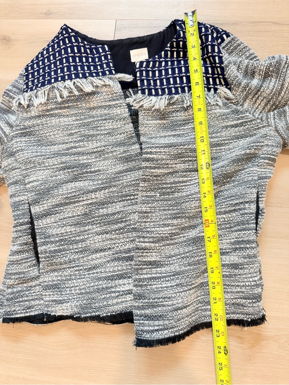 Chico’s Tweed Fringe Jacket Women’s L 12/14 Open Front Blue Gray Textured - Picture 7 of 8